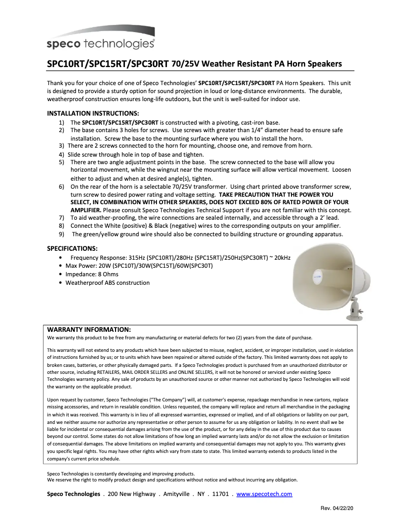 Page 1 de la notice Manuel utilisateur Speco Technologies SPC10RT