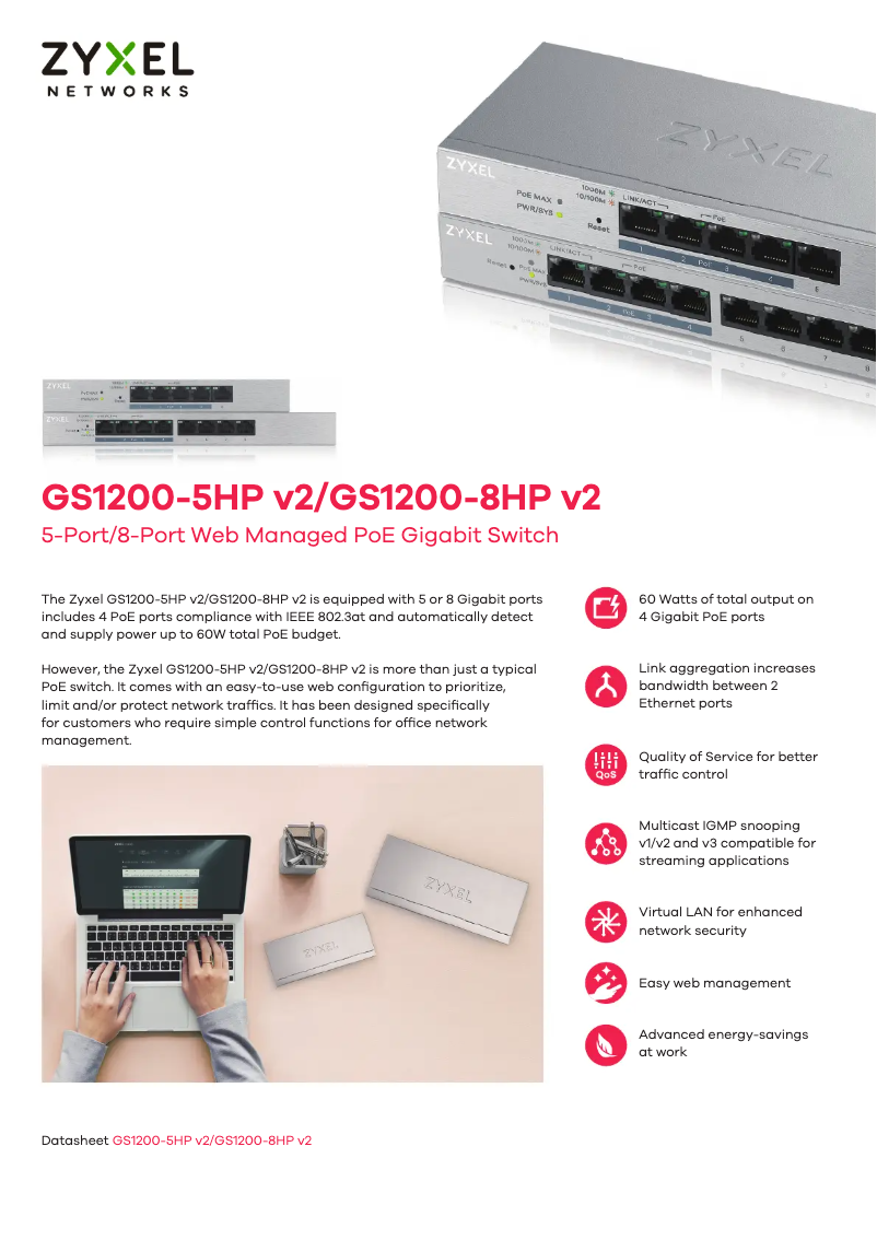 Página 1 del manual Ficha técnica ZyXEL GS1200-8HP v2