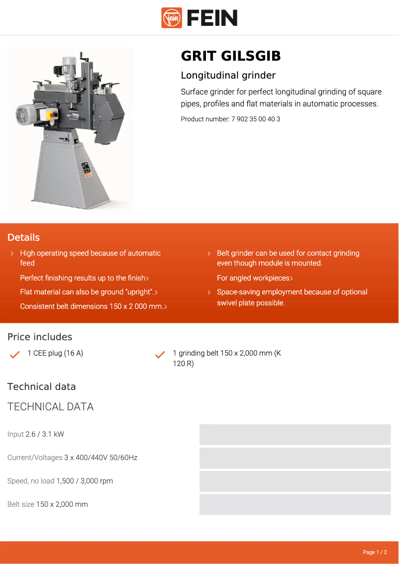 Page 1 de la notice Fiche technique Fein GRIT GILSGIB