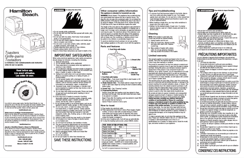 Página 1 del manual Manual de usuario Hamilton Beach Smart Toast 24601