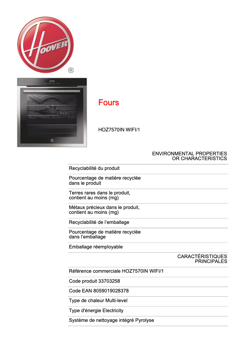 Page 1 de la notice Fiche technique Hoover HOZ7570IN WIFI/1
