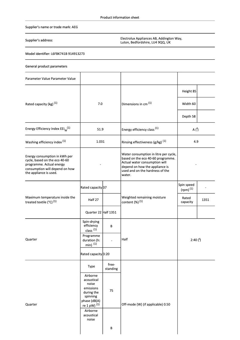 Página 1 del manual Ficha técnica AEG L6FBK741B