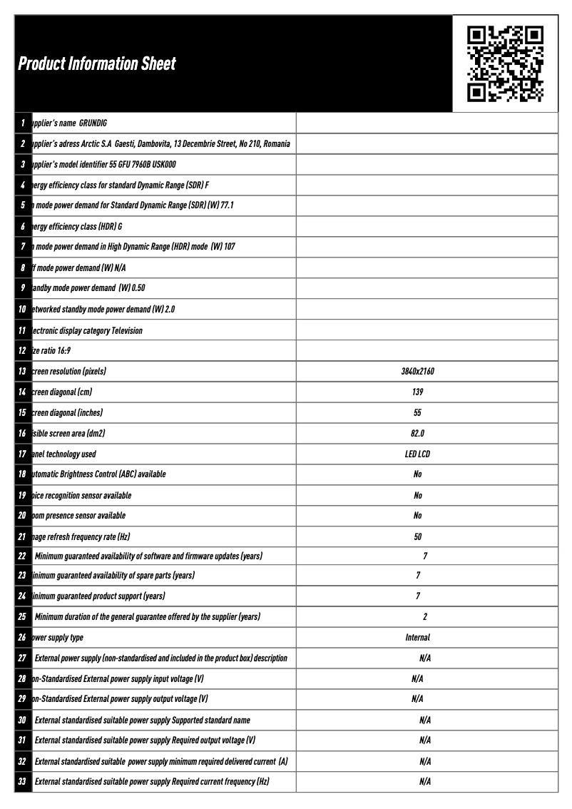 Page 1 de la notice Fiche technique Grundig 55 GFU 7960B