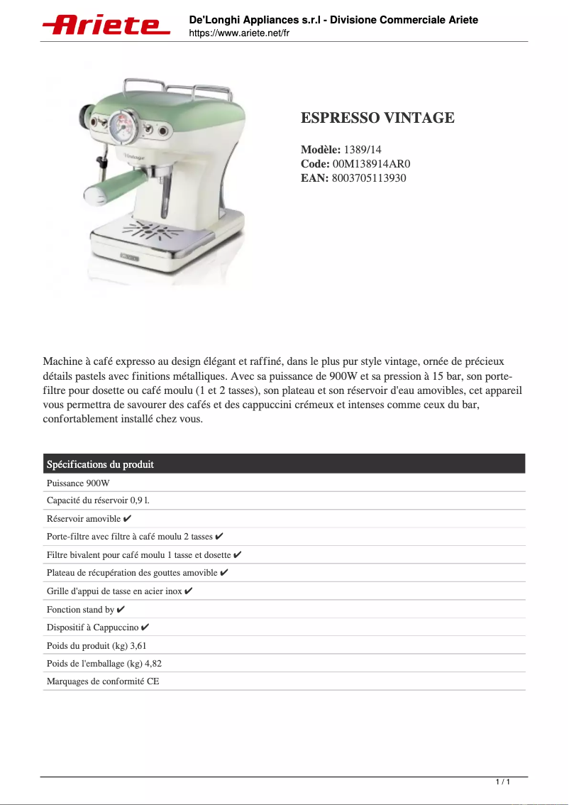 Page 1 de la notice Fiche technique Ariete 1389