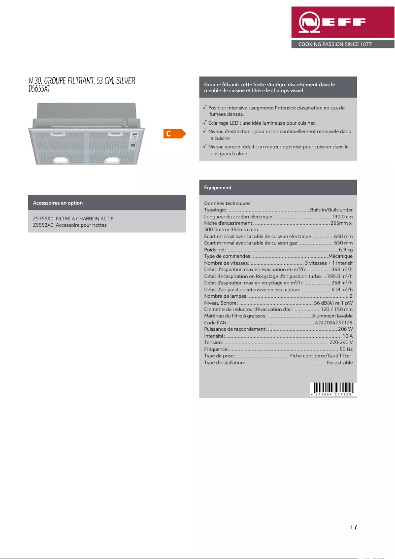 Page 1 de la notice Fiche technique Neff D5655X1