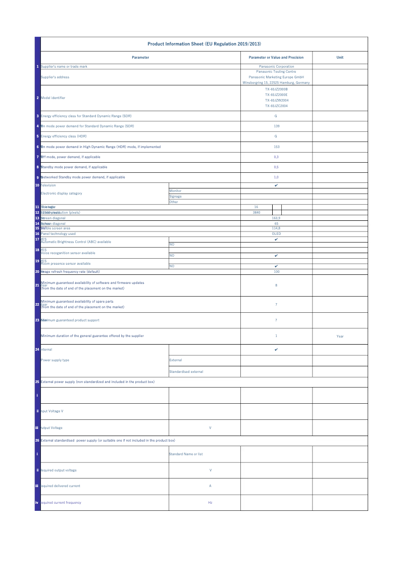 Page 1 de la notice Fiche technique Panasonic TX-65JZ2000E