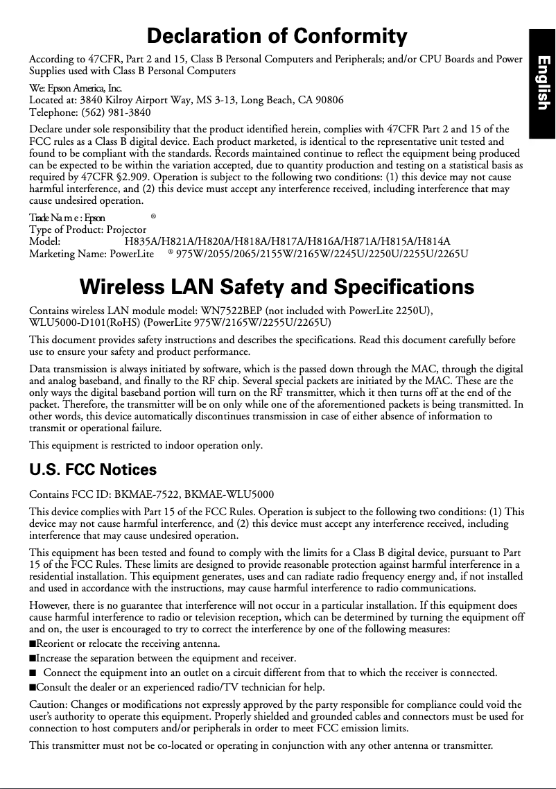 Página 1 del manual Información de garantía Epson PowerLite 2265U
