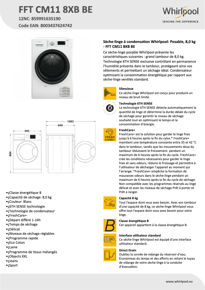 Página 1 del manual Ficha técnica Whirlpool FFT CM11 8XB BE