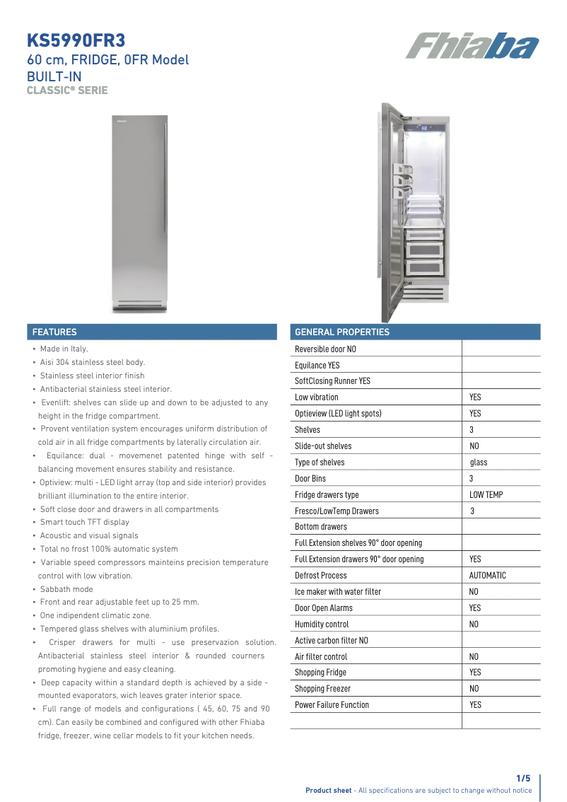 Page 1 de la notice Fiche technique Fhiaba KS5990FR3A