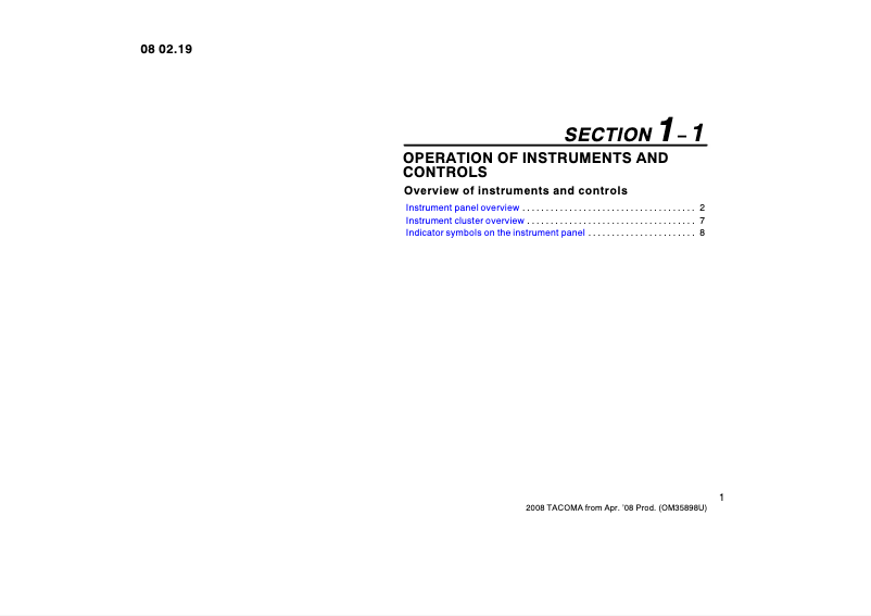 Page 1 de la notice Manuel utilisateur Toyota Tacoma (2008)