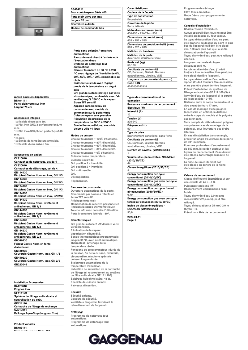 Page 1 de la notice Fiche technique Gaggenau BS484111