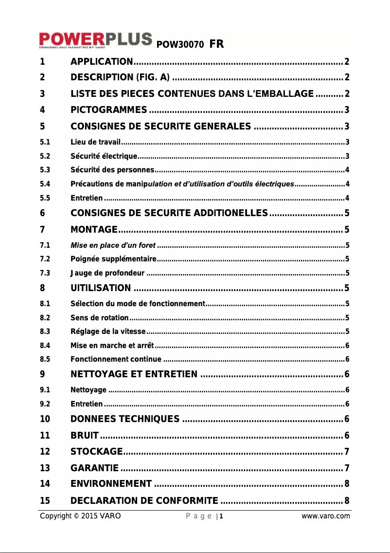 Page 1 de la notice Manuel utilisateur VARO POW30070