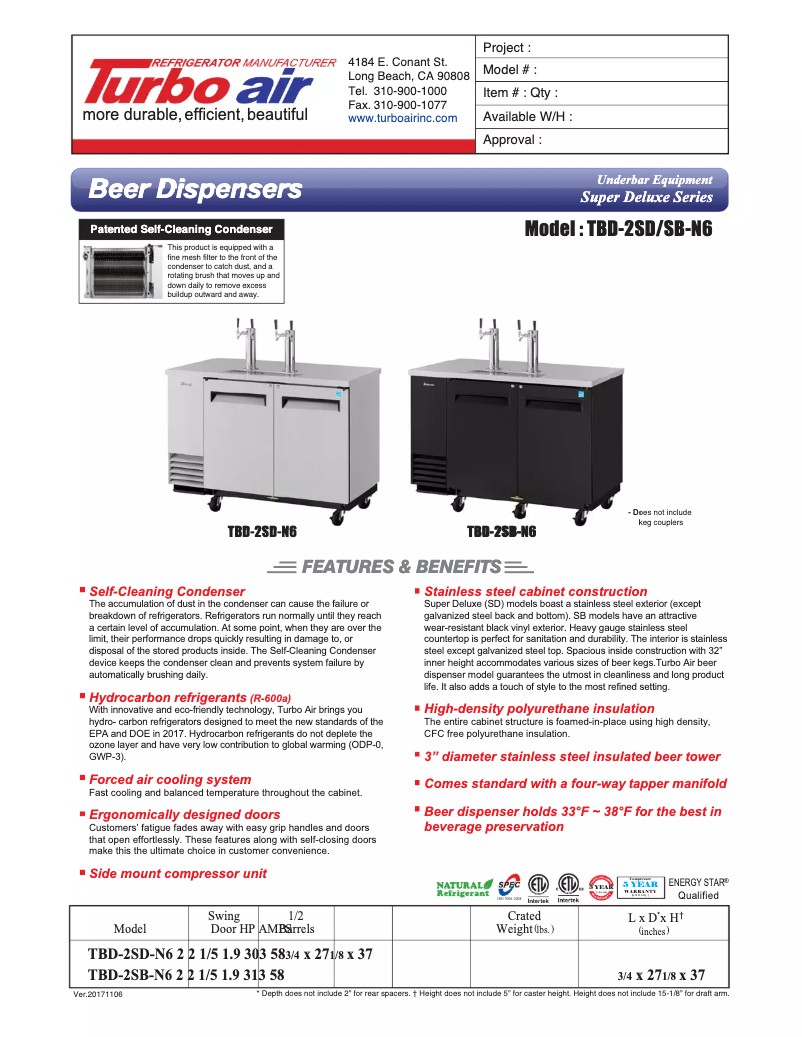 Página 1 del manual Ficha técnica Turbo air TBD-2SD