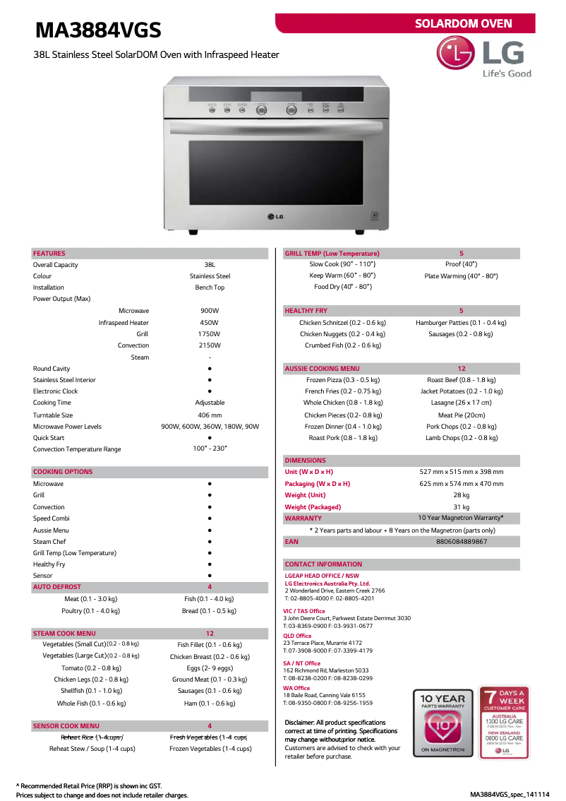 Page 1 de la notice Fiche technique LG MA3884VGS