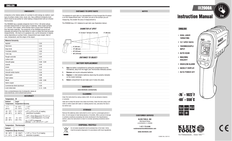 Page 1 de la notice Manuel utilisateur Klein Tools IR2000A