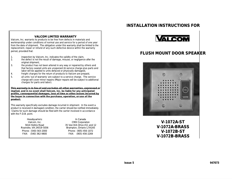 Page 1 of the manual User Manual Valcom V-1072B
