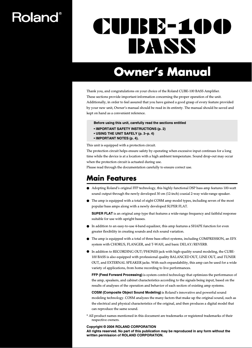 Page 1 de la notice Manuel utilisateur Roland Cube-100