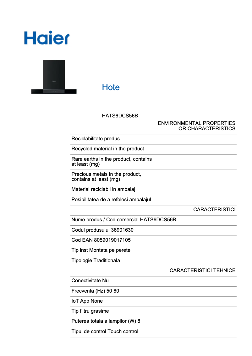 Página 1 del manual Ficha técnica Haier HATS6DCS56B