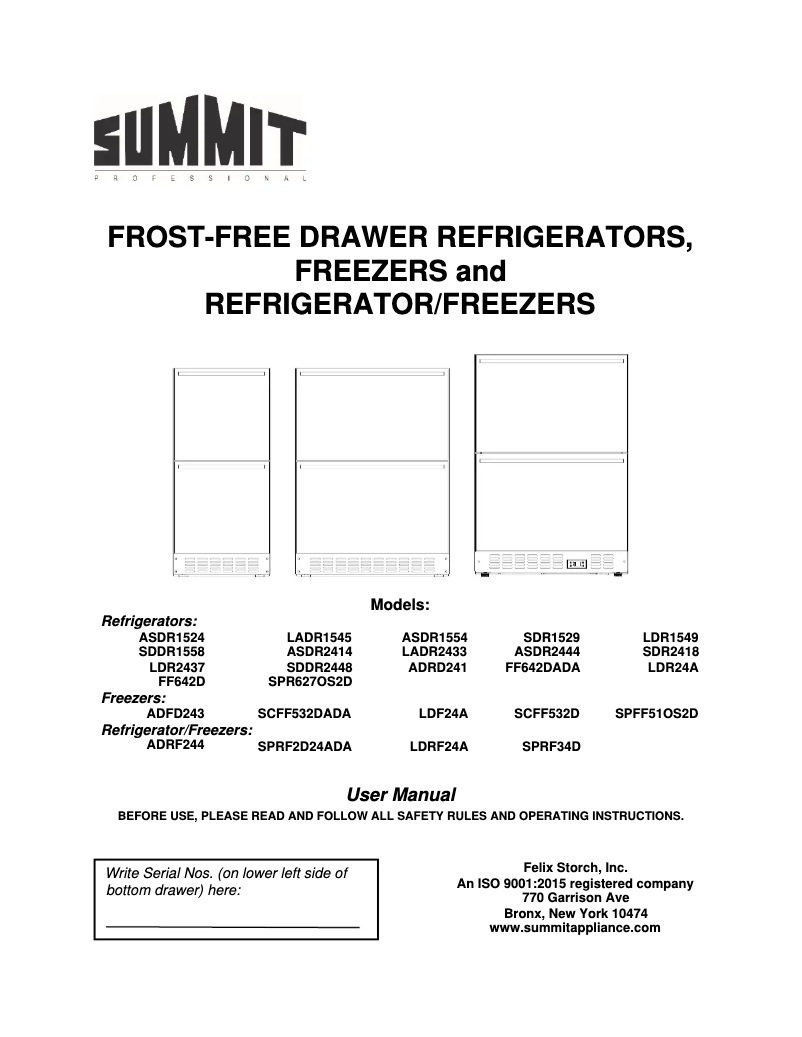 Page 1 de la notice Manuel d'utilisation et d'entretien Summit SPR627OS2D