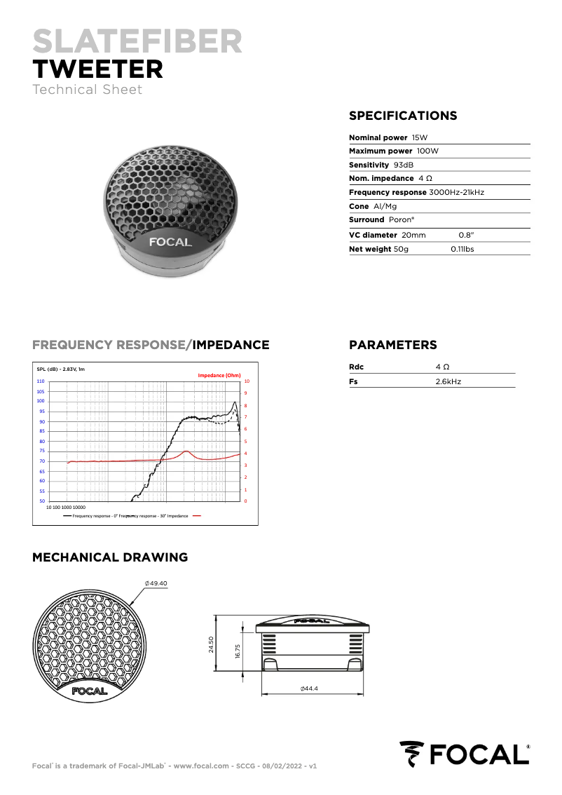Page 1 de la notice Fiche technique Focal PS 165 SF