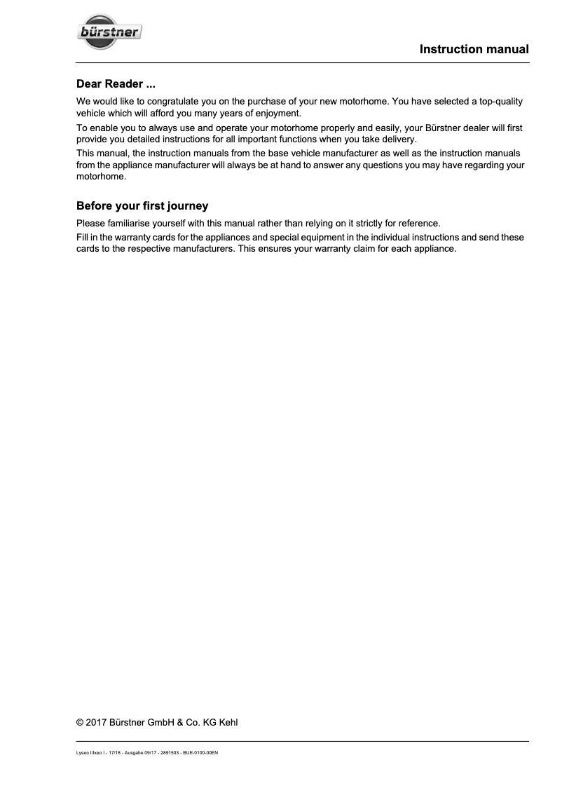 Page 1 de la notice Manuel utilisateur Bürstner I-Modell (2018)