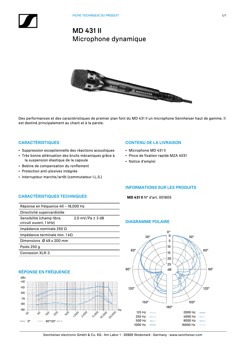 Page 1 de la notice Fiche technique Sennheiser MD 431
