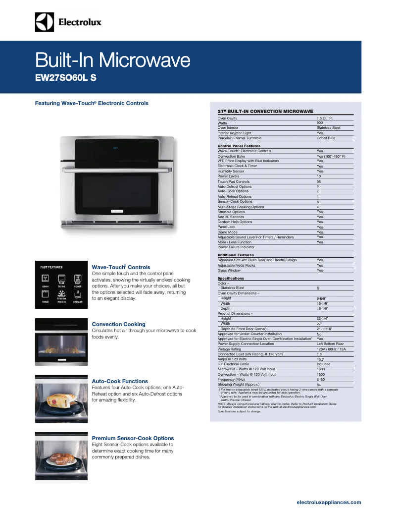 Página 1 del manual Ficha técnica Electrolux EW27SO60LS
