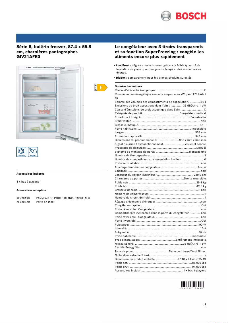 Page 1 of the manual Technical Sheet Bosch GIV21AFE0