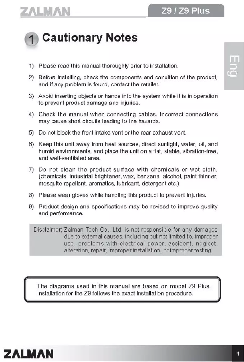Page 1 de la notice Manuel utilisateur Zalman Z9 Plus