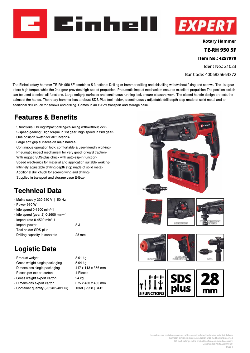 Page 1 of the manual Technical Sheet Einhell TE-RH 950 5F