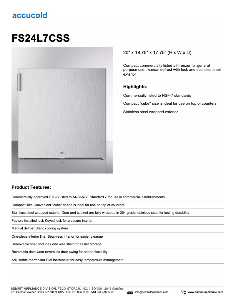 Page 1 de la notice Fiche technique Summit Accucold FS24L7CSS