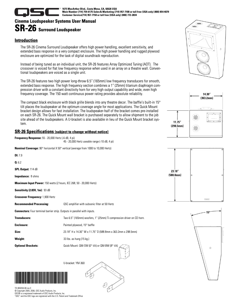 Page 1 de la notice Manuel utilisateur QSC SR-26