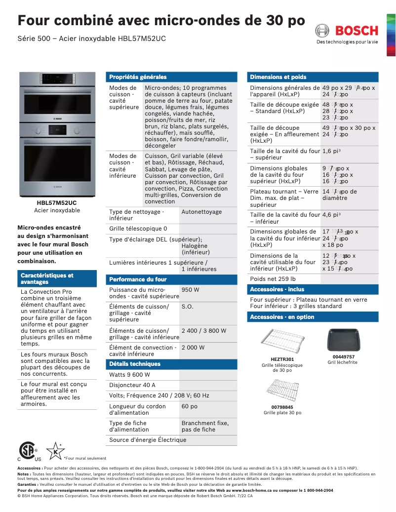 Page 1 of the manual Technical Sheet Bosch HBL57M52UC