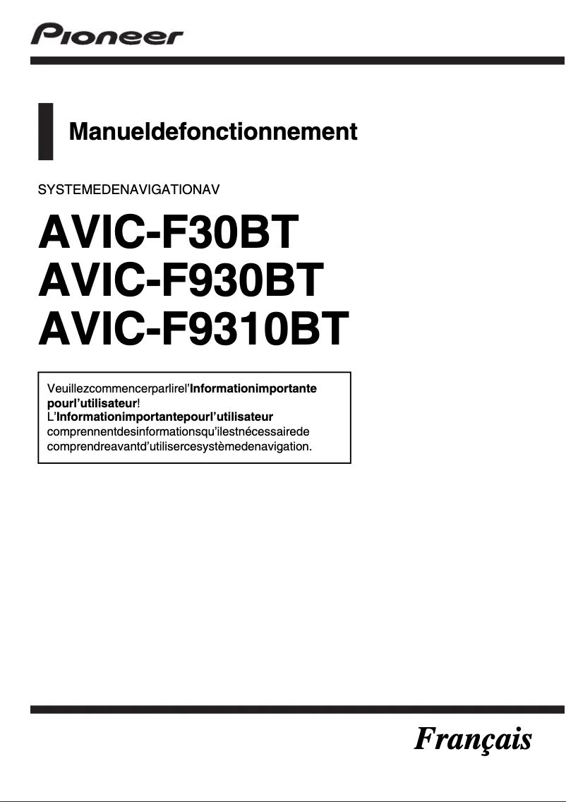 Page 1 de la notice Manuel utilisateur Pioneer AVIC-F930BT