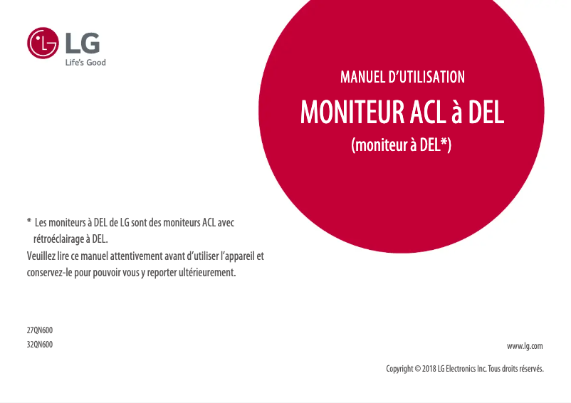 Page 1 de la notice Manuel utilisateur LG 27QN600-B