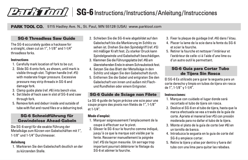 Page 1 de la notice Manuel utilisateur Park Tool SG-6