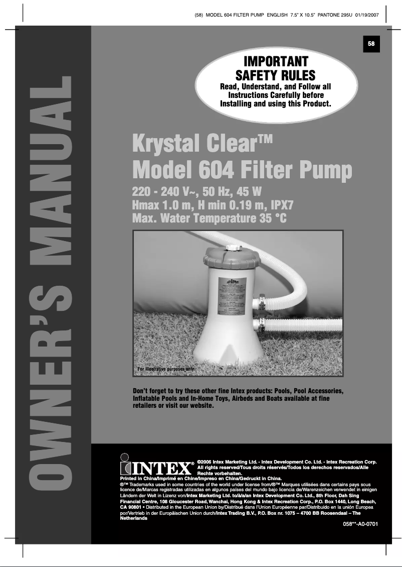 Page 1 de la notice Manuel utilisateur Intex Krystal Clear 604