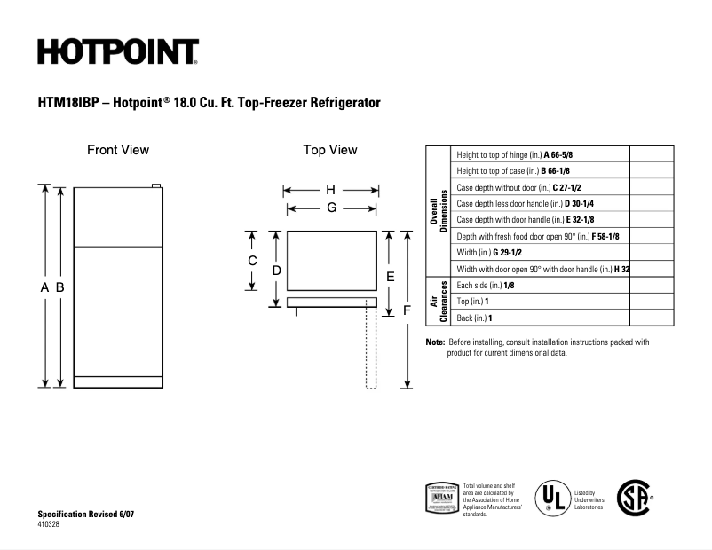 Page 1 de la notice Fiche technique Hotpoint HTM18IBPSA
