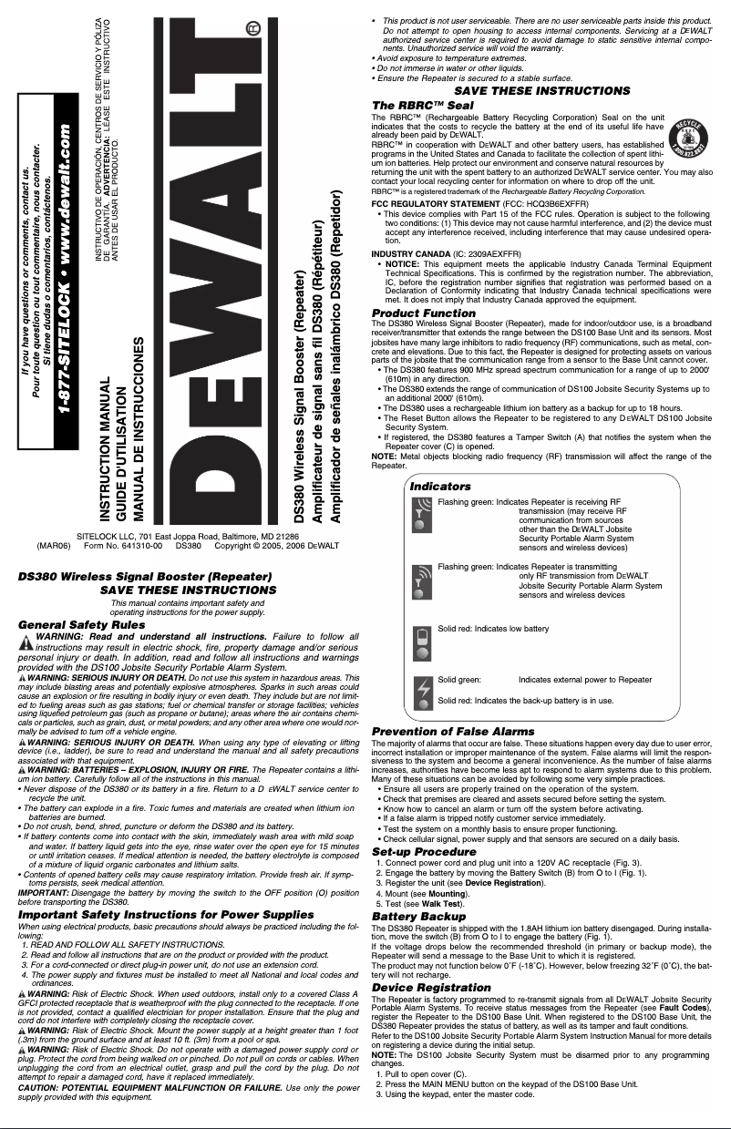 Page 1 de la notice Manuel utilisateur DeWalt DS380