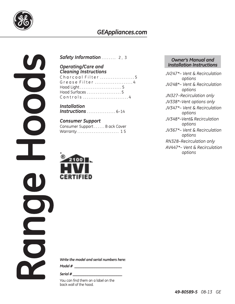 Page 1 of the manual Instruction Manual GE JV347HWW