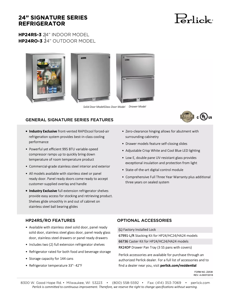 Page 1 de la notice Fiche technique Perlick Signature Series HP24RO-3-2R