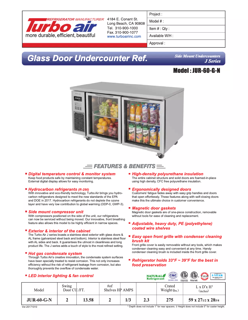 Page 1 de la notice Fiche technique Turbo air JUR-60-G