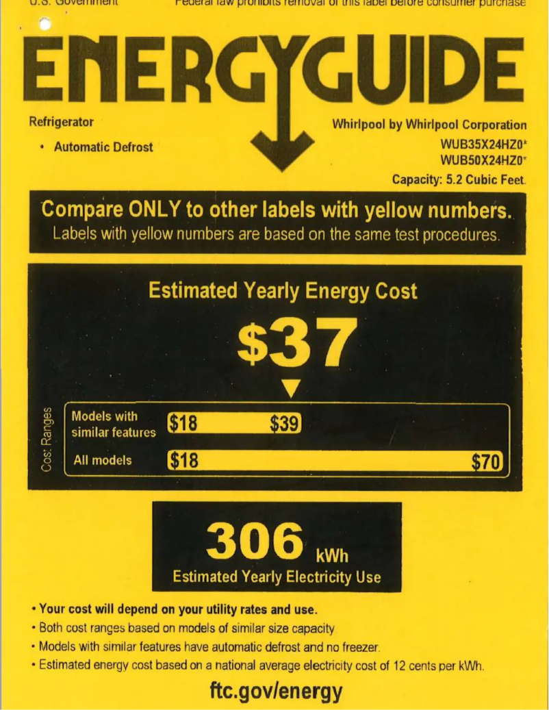 Page 1 de la notice Label énergétique Whirlpool WUB50X24HZ