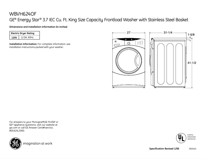 Page 1 of the manual Technical Sheet GE WBVH6240FWW