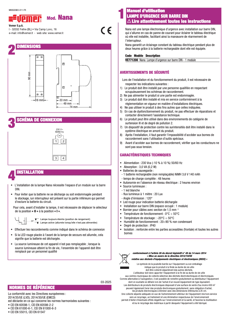 Page 1 de la notice Manuel utilisateur Vemer Nana