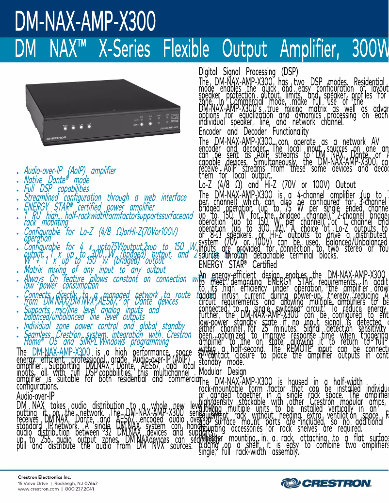Page 1 of the manual Technical Sheet Crestron AMP-X300