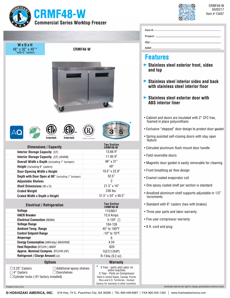 Page 1 de la notice Fiche technique Hoshizaki Commercial CRMF48-W