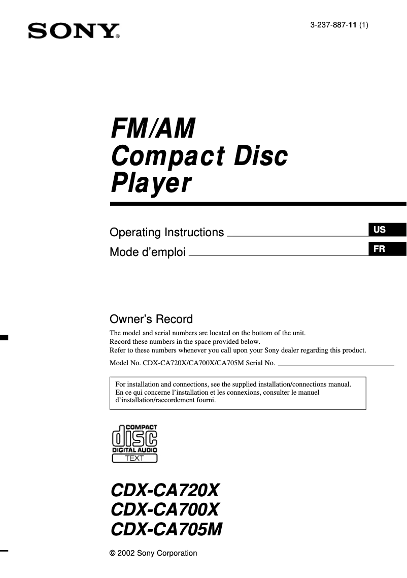 Page 1 de la notice Manuel utilisateur Sony CDX-CA705M