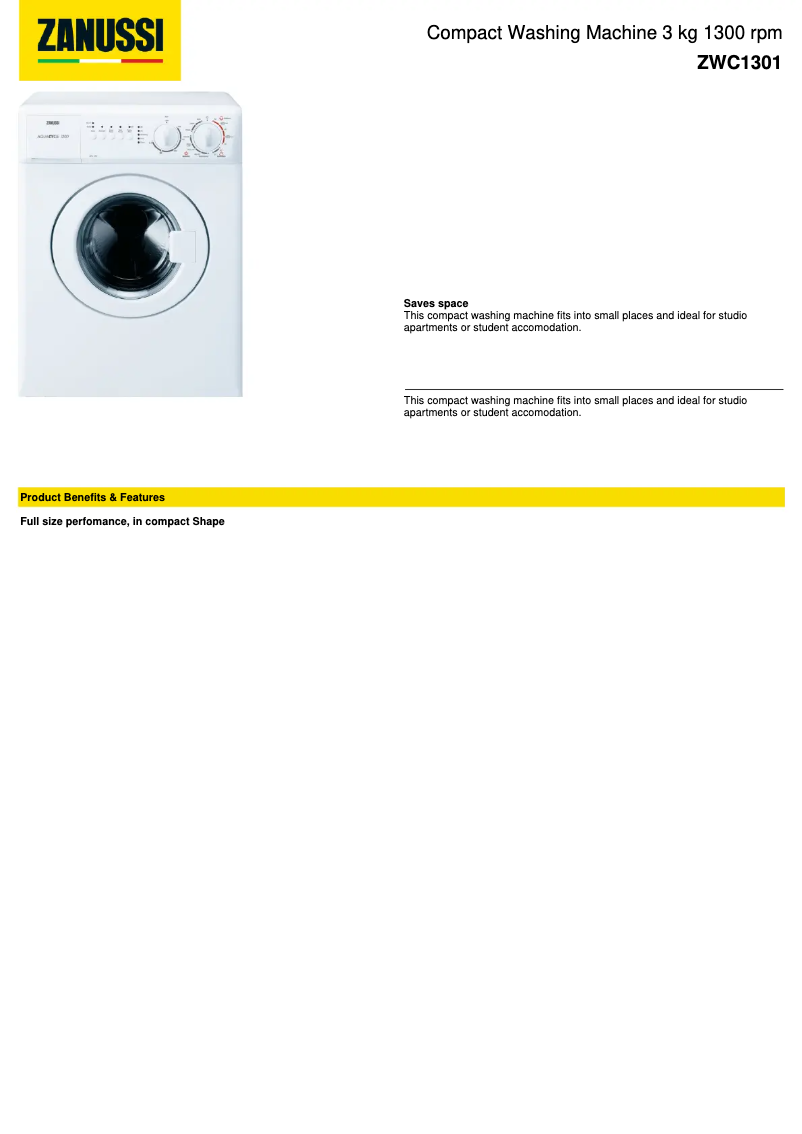 Page 1 de la notice Fiche technique Zanussi ZWC1301