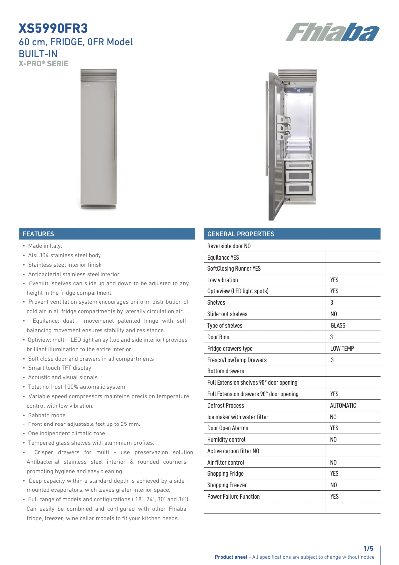 Page 1 de la notice Fiche technique Fhiaba XS5990FR3A